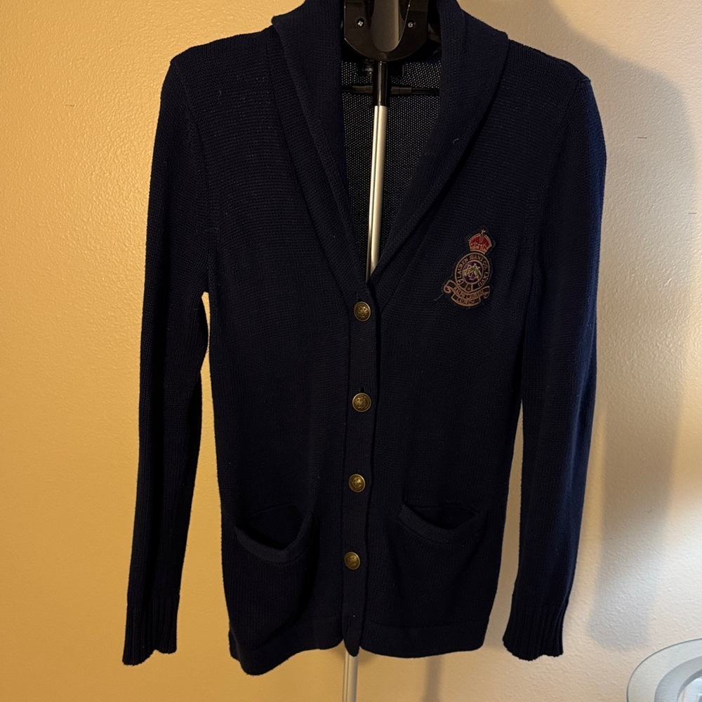 Ralph Lauren Navy Blue sweater Cardigan with Embroidered Crest
